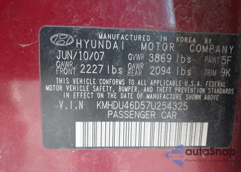 2007 Hyundai Elantra Gls/Limited/Se z USA, uszkodzony, nr VIN KMHDU46D57U254325